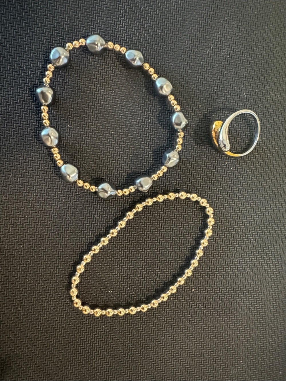 Two-Tone Gold and Hematite Bead Bracelet Set with Ring